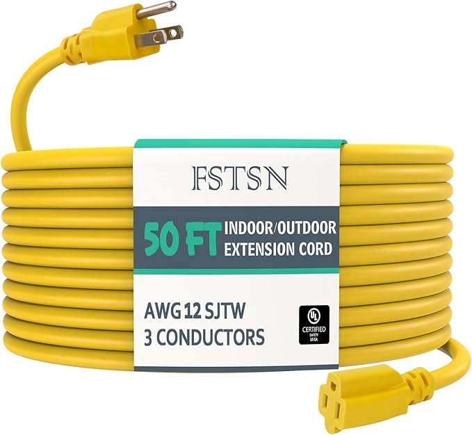 50 ft Outdoor Indoor Extension Cord - 12/3 SJTW 15 AMP Heavy Duty Yellow Extension Cable with 3 Prong Grounded Plug - Power Cord for Lawn, Garden, Appliances