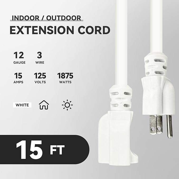 15 ft Heavy Duty Extension Cord - 12/3 SJTW 15 AMP Indoor Power Cord with 3 Prong Grounded Plug for Lawn Mower, Appliances, Workshop, Christmas Lights Water Resistant Flexible Cable White.