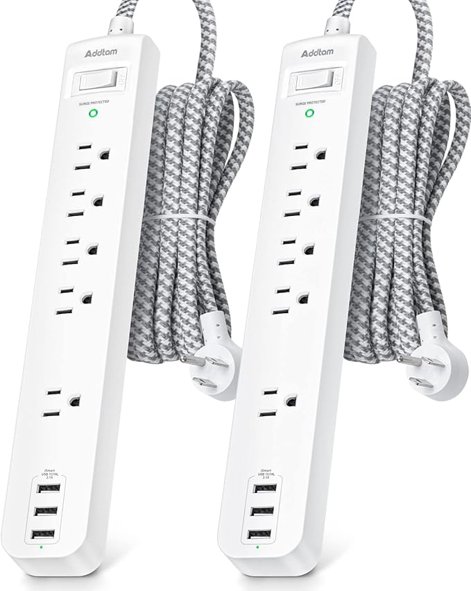 Surge Protector Power Strip - 10 FT Long Extension Cord with 5 Widely AC Outlets 3 USB Ports, Flat Plug with Overload Surge Protection for Home, Office, Dorm Essentials (2 Pack)