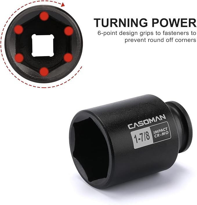 CASOMAN 4 Pieces 1/2" Dr. Deep Impact Socket Set, 1/2-Inch Drive Spindle Axle Nut Impact Socket Set, 1-13/16", 1-7/8", 1-15/16", 2", CR-MO, 6-Point, SAE