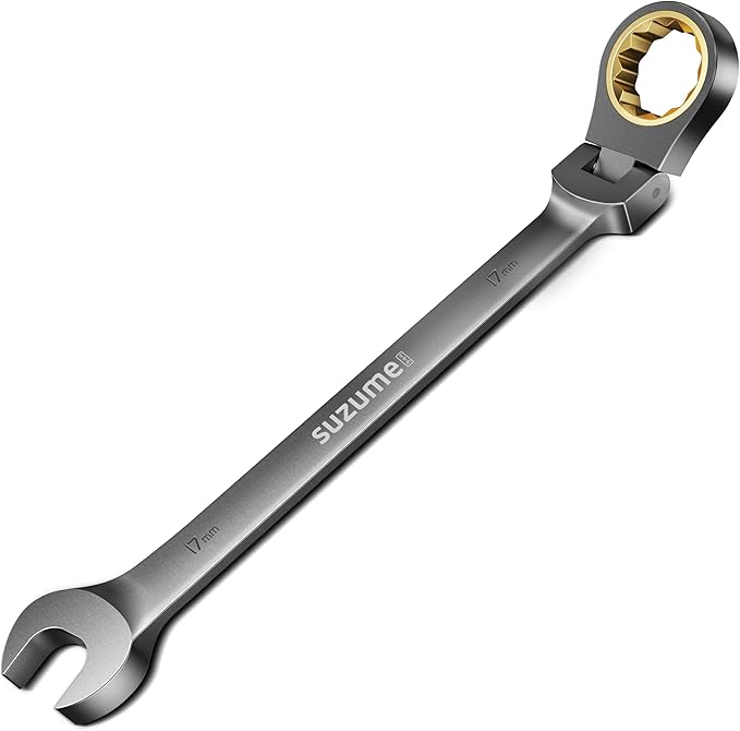 SUZUME 17mm Flex Head Ratcheting Wrench Metric 72 Teeth Cr-V Steel 15K+ Cycle Locked Gears with 180° Flexible Head Black Nickel Coating