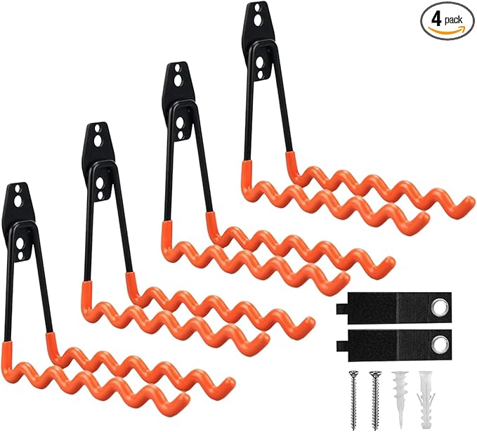 Garage Hooks, 4 Pack Wave Hooks for Hanging Heavy Duty Ladders, Bikes, Tools Ideal for Garage, Garden, Basement Utility Room Storage (Orange)