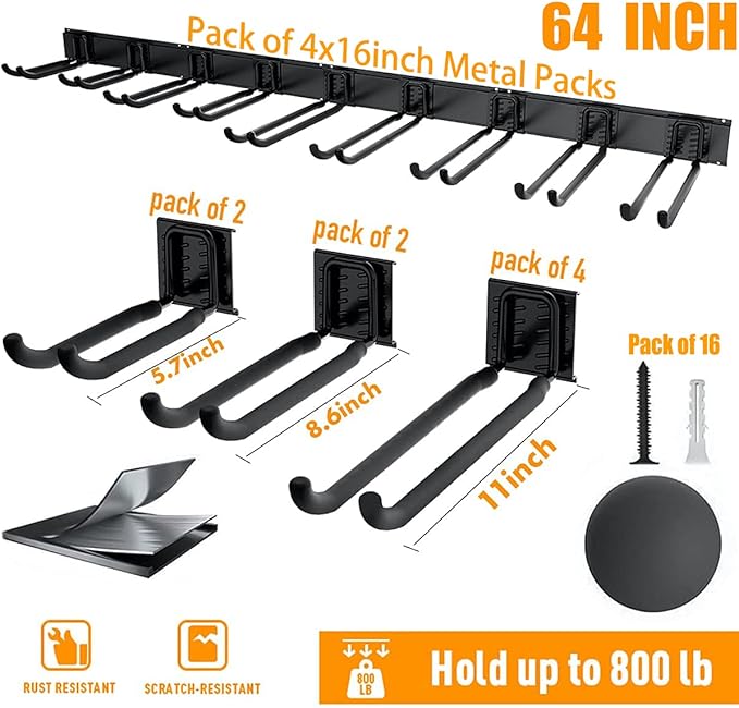 TORACK Tool Storage Rack, Heavy Duty Steel Garage Wall Mount Garden Tool Organizer for Ladders, Chairs, Shovels, Broom, Power tools (8-Pack 5.7"-11" Mixed Hooks, up to 800 lbs)