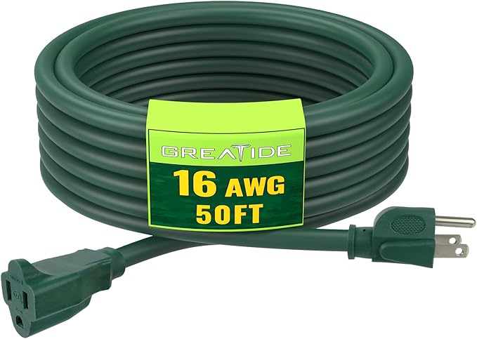 Indoor Outdoor Extension Cord 50 FT, 16/3 SJTW Weatherproof Green Electrical Cords, 13 AMP Heavy Duty 3 Prong Power Cable Great for Garden, Landscaping & Holiday Decorations