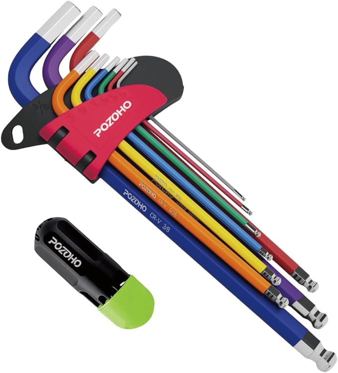 10-Piece Extra-Long Arm SAE(1/16"-3/8") Hex Key Set | Color-Coded Ball End Allen Wrench with Torque Handle | Cr-V Steel, Anti-Rust for Motorcycle, Bike, Car & DIY, PTM01010B
