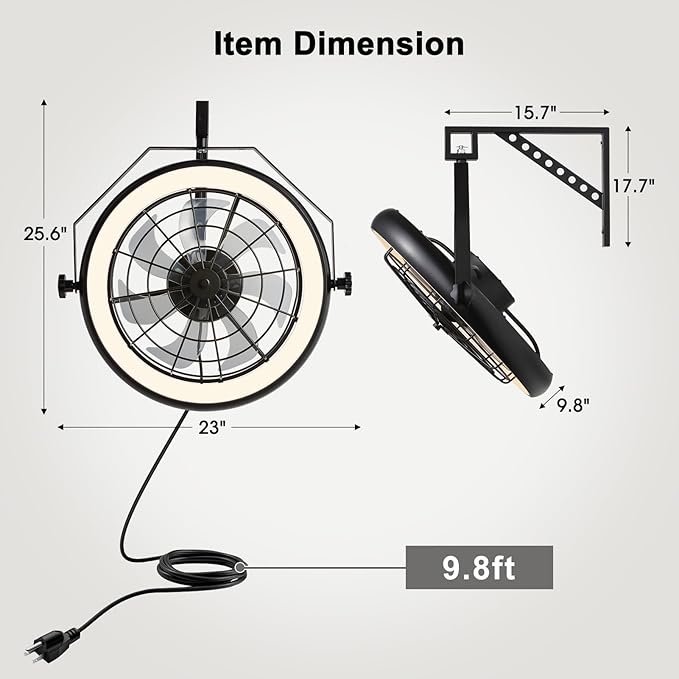 23" Wall Mount Fan with Light,3 CCT, Dimmable,Quiet 6 Speed Wall Mounted Fan with Remote/App Control, Timer, 360° Adjustable Tilt Plug in Wall Fan for Garage,Patio,Tool Room,Home