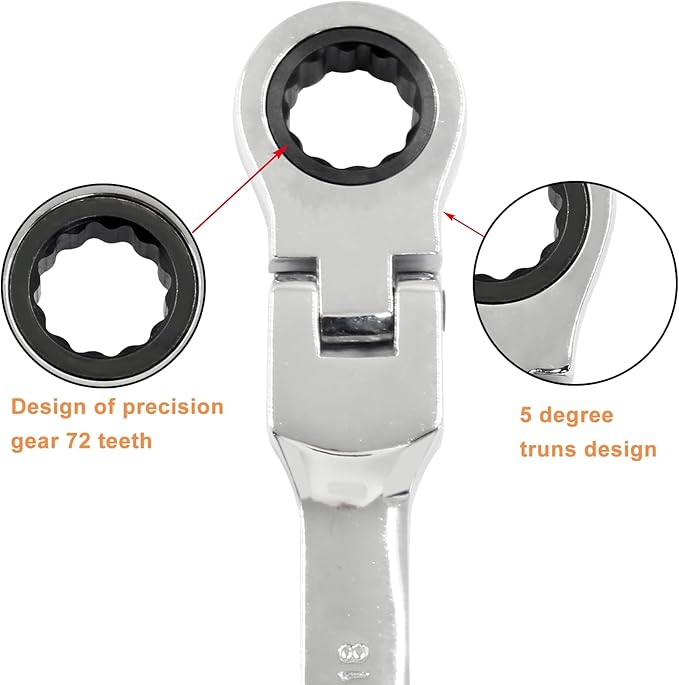 Piutouyar 18mm Flex-Head Ratcheting Wrench, Professional Metric Ratchet Wrench Combination Wrench Box Ended Spanner Tool for Projects Repair(5° Movement and 72 Teeth 12 Point, CR-V)