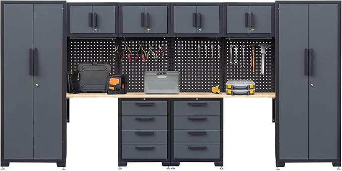 Garage Storage Cabinet System, 14PCS Workshop Set Garage Cabinets and Storage System with Steel Cabinet Drawers, Workbench, Pegboard for Tool Organization