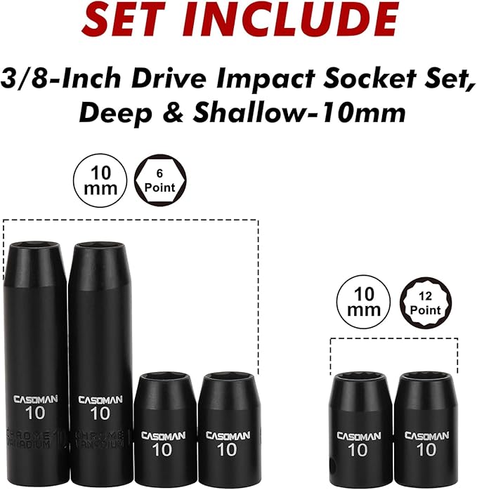 CASOMAN 6 Pieces 3/8-Inch Drive Impact Socket Set-10mm, Deep & Shallow, Metric, 6 Point & 12 Point Desgin, Black Phosphate Finish