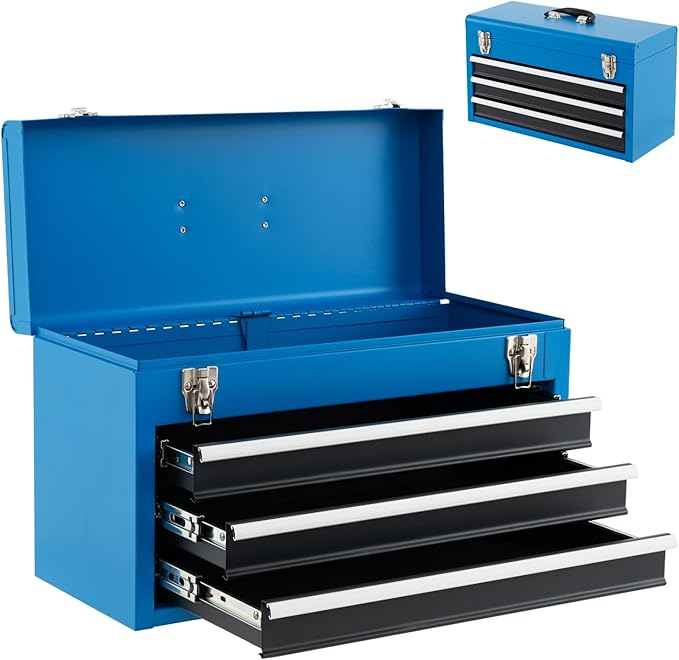 Goplus Tool Box with 3 Drawers, 4-Tier 20.5" Portable Tool Chest Organizer with Top Tool Tray, Auto Lock, Protective Liner, Handle, Steel Metal Small Toolbox for Gargae, Workshop, Home