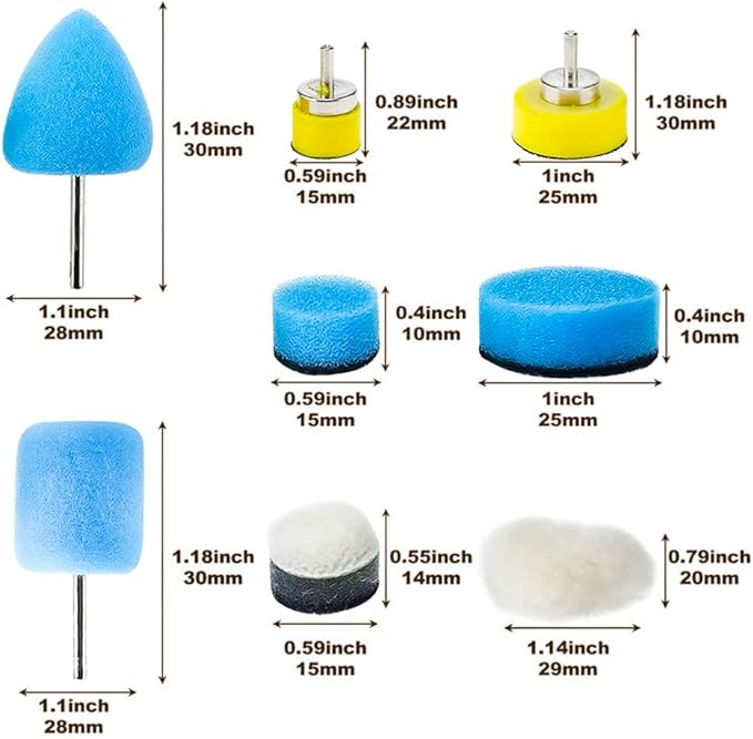SI FANG 22 Pcs Mini Buffing Polishing Pads Kit, Car Details Mini Polisher Foam Pads for Drill Rotary Tool Buffer Tight Area Detailing Paint Polish Waxing & Glaze, Interior Headlight Door Handles