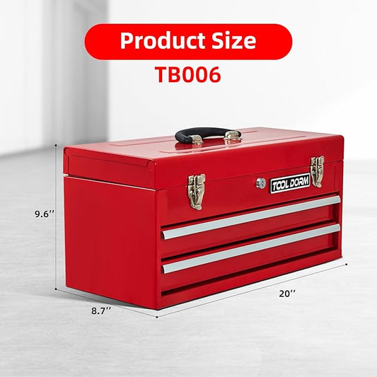 20.3“ Metal Tool Box with Drawer Portable Steel Tool Box with Liner and Latch Closure and Lock for Garage, Home and Warehouse (Red-2 Drawers)