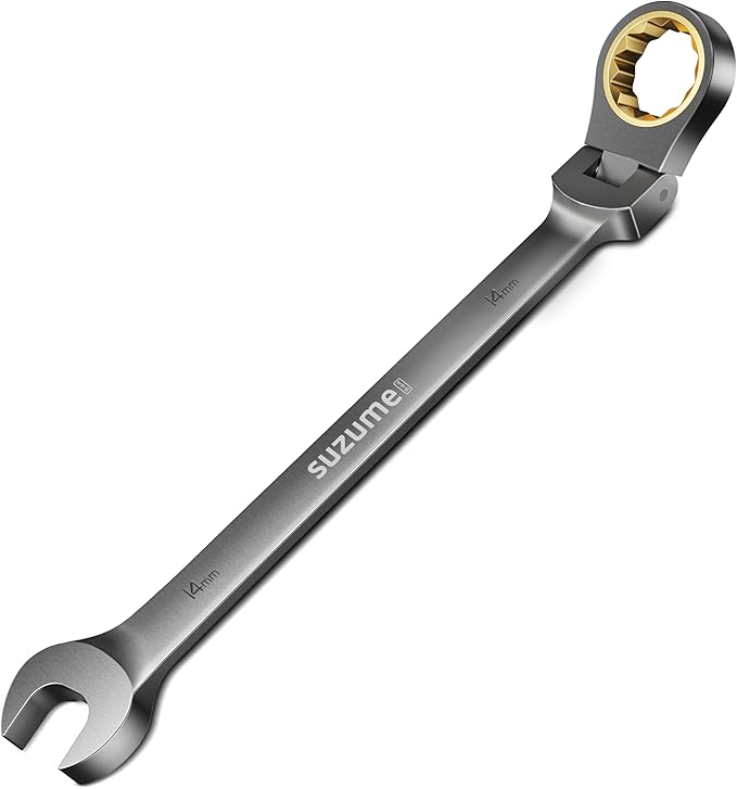SUZUME 14mm Flex Head Ratcheting Wrench Metric 72 Teeth Cr-V Steel 15K+ Cycle Locked Gears with 180° Flexible Head Black Nickel Coating
