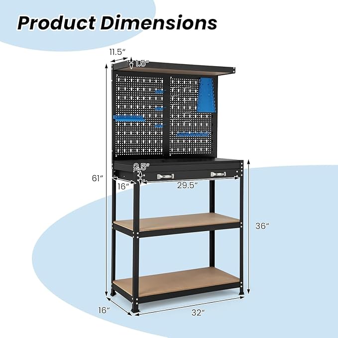 ERGOMASTER Work Bench with Drawers,Heavy Duty Garage Workbench with Pegboard, 965LBS Capacity Work Table for Garage, Home, Workshop, Auto Shop, Basement (Blue Standard Size With drawer)