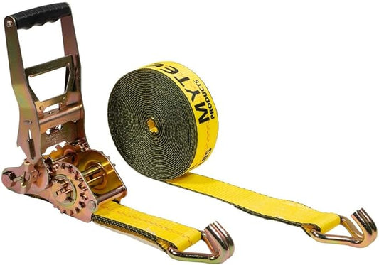 Mytee Products 2" x27' Self-Tensioning Ratchet Strap with J Hooks - 10,000 lbs BS - Heavy Duty Tie Down Large Bar Handle and Cargo Straps with Wire Hooks for Flatbed, Trucks, Pickup - Yellow
