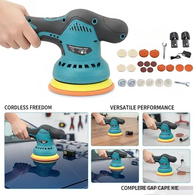 Cordless Car Buffer Polisher,5500RPM Cordless Car Polishing Machine with 2x21V Rechargeable tteries,21 PCS Attachments&8 Variable Speed,Polisher for Car Detailing Scratch Removing, Polishing