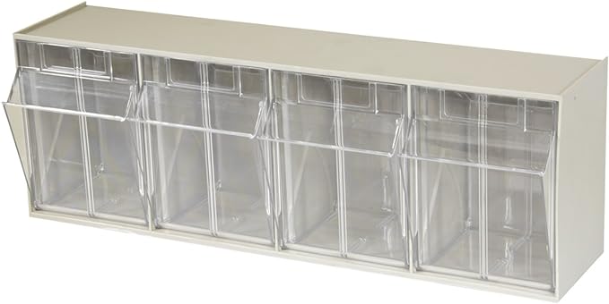 Akro-Mils TiltView Plastic Storage Cabinet with 4 Tilt Out Bins, Horizontal Plastic Parts Organizer, Teacher Toolbox, and Office Supply Organizer, 23-5/8" W x 8-3/16" H x 6-3/4" D, Stone