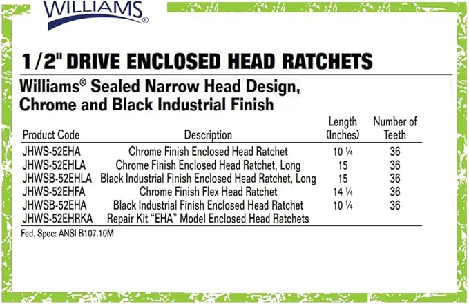 Williams JHWS-52EHA 1/2-Inch Drive Enclosed Head Ratchet with Chrome Finish, Single Pawl Ratchet Design, 36 Tooth Gear Engagement - 10-1/4 Inches