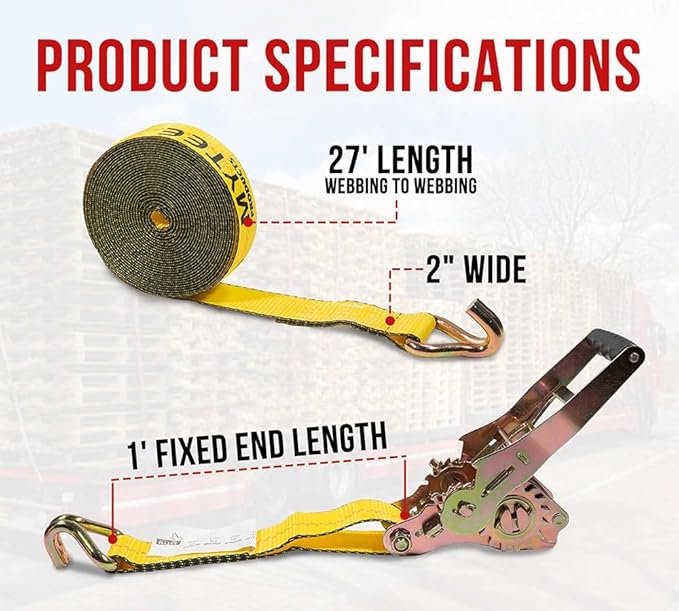 Mytee Products 4 Pack 2" x27' Self-Tensioning Ratchet Strap with J Hooks - 10,000 lbs BS - Heavy Duty Tie Down Large Bar Handle and Cargo Straps with Wire Hooks for Flatbed, Trucks, Pickup - Yellow