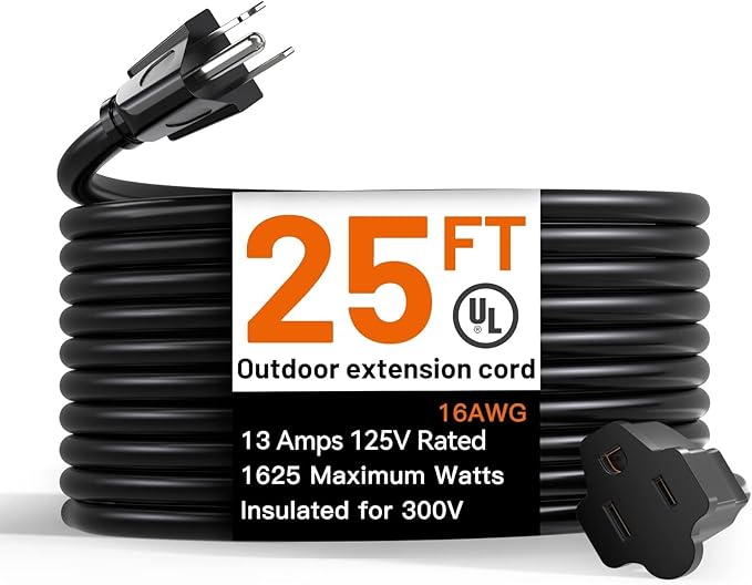 addlon 25 Feet Outdoor Extension Cord Waterproof Deep Black 16 AWG 3 Prong, Flexible Long Wires Perfect for Home or Office Use, UL Listed