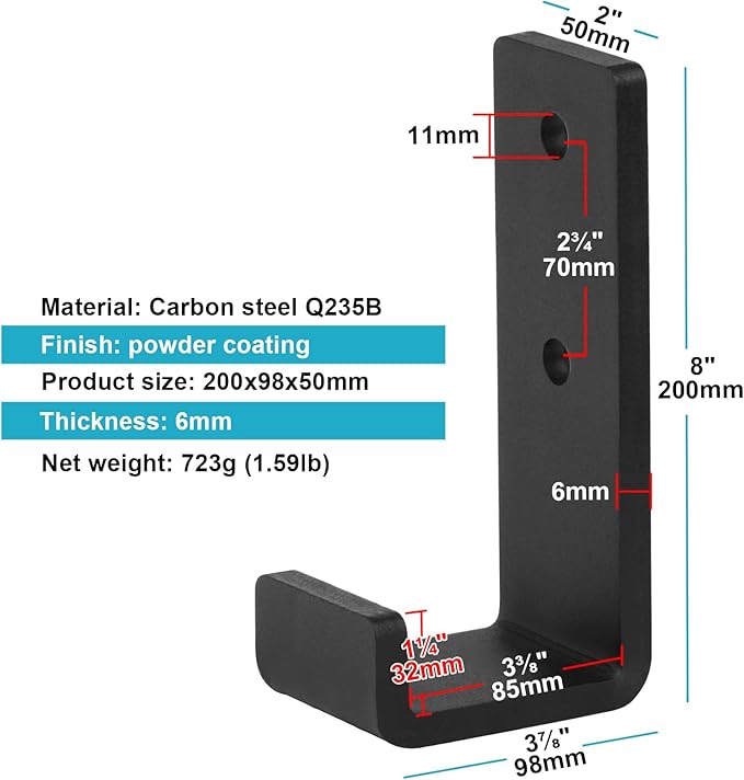 2 Pack Extra Large Black Steel J Hook, 8" Height x 3-7/8" Inner Width Heavy Duty Wall Mount Utility Hook for Hanging Gym Barbell, Garage, Load 330 lbs, 1/4" Thick
