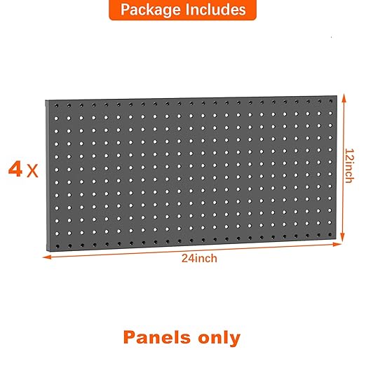 TORACK 4-Pack 12x24 inch Metal Pegboard Panels for Wall, Garage Tools Pegboard for Workbench, Modular Peg Board, Tool Organizer Board for Pegs(Black)
