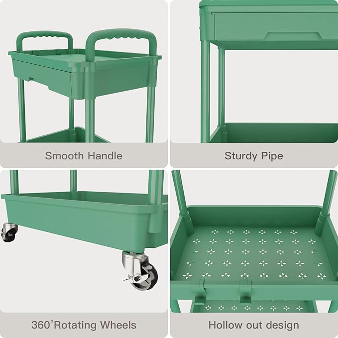 REBECAT 3 Tier Rolling Utility Cart with Drawer,Rolling Storage Cart,Storage Cart for Kitchen,Bathroom,Living Room, Organizer with Iron Wheels(Green)