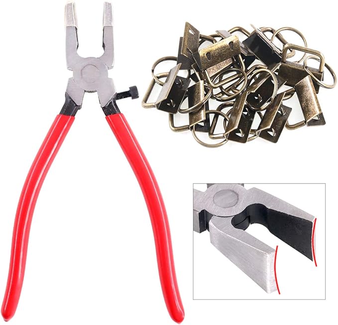 Swpeet 32 Sets 1" 25mm Key Fob Hardware with 1Pcs Key Fob Pliers, Glass Running Pliers Tools with Curved Jaws, Studio Running Pliers Attach Rubber Tips Perfect for Key Fob Hardware Install (Bronze)