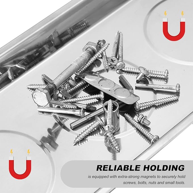 4PCS Magnetic Tray Set with Magnet Stick, Round Rectangular Tray Metal Parts Holder w/Telescoping Pickup Tool, Automotive Stainless Steel Thickened Trays for Screws, Nuts, Bolts