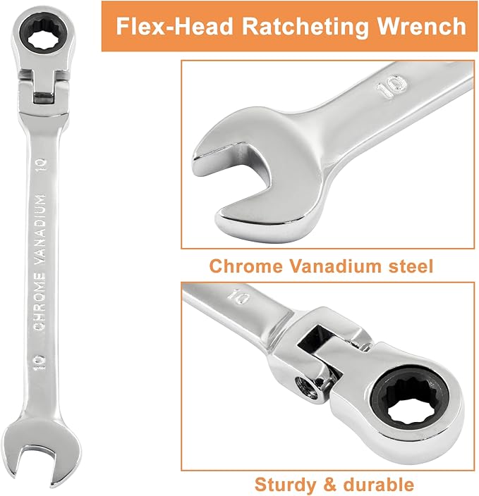 Piutouyar 10mm Flex-Head Ratcheting Wrench, Professional Metric Ratchet Wrench Combination Wrench Box Ended Spanner Tool for Projects Repair(5° Movement and 72 Teeth 12 Point, CR-V)