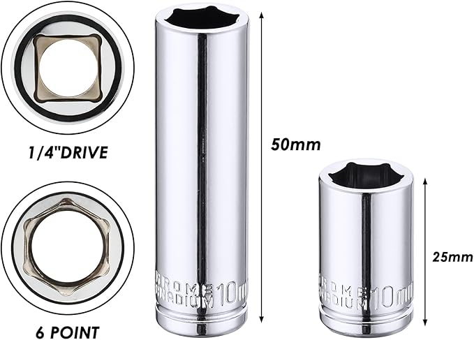 MIXPOWER 4PCS 1/4"& 3/8" Drive 10mm Deep&Shallow Socket Set, 6 Point, Cr-V Steel, Mirror Finish