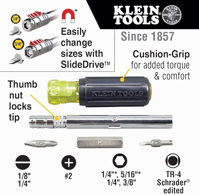 Klein Tools 8-in-1 Magnetic HVAC Slide Drive Screwdriver/Nut Driver Set with 5-Piece Mini Ratchet Set for Tight Spaces