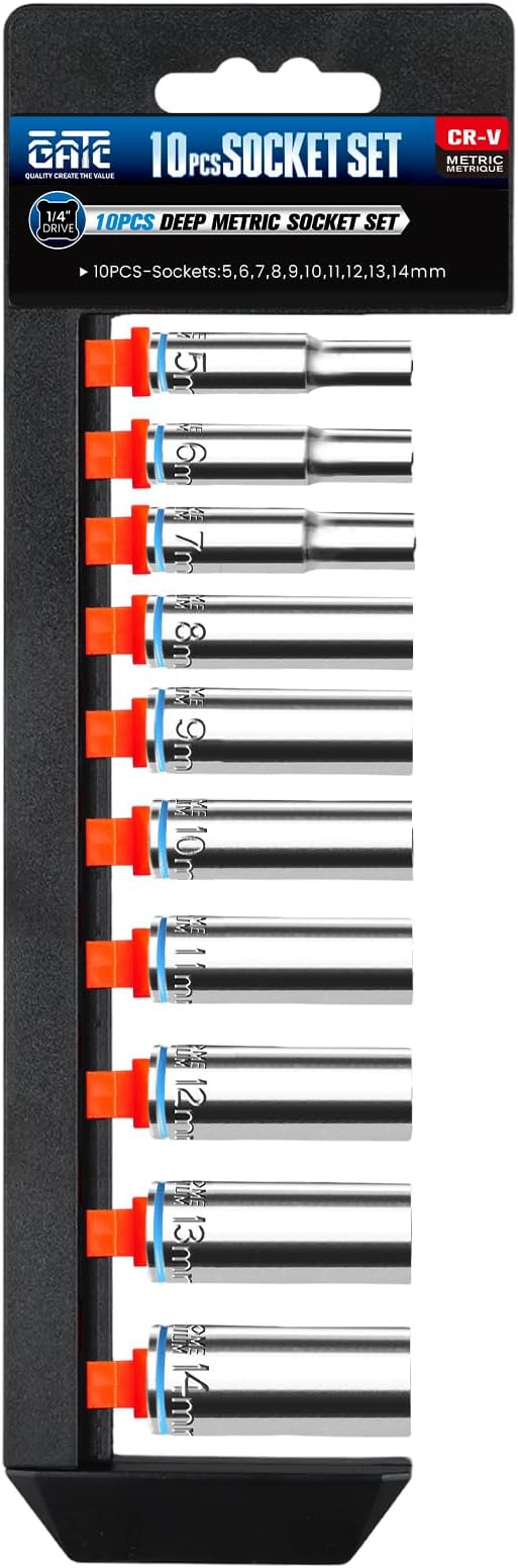 10PCS 1/4” Drive Deep Socket Set, Metric (5mm-14mm), 6-Point, Cr-V Steel, Chrome Plated Socket With Hanging Bracket, Cover Most Commonly Sizes