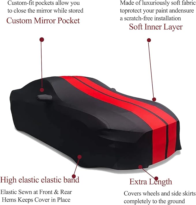 Indoor Car Cover Compatible with Chevrolet Chevy Camaro（2010-2024） Custom-fit Breathable Dust-Proof Stretch Car Cover for Underground Garage, Car Show （Black+Red）