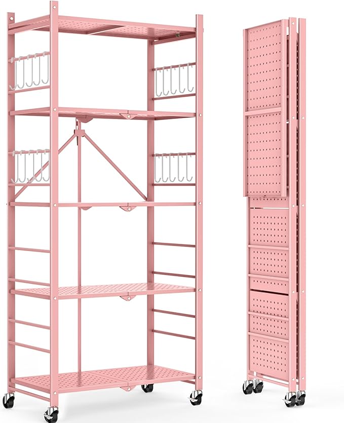 Himix Storage Shelves with 20 Hooks, 5-Tier Foldable Shelves for Storage, Folding Shelf Unit Pantry Shelves with Wheels, Standing Shelving Unit for Kitchen Garage Home Office Room Greenhouse, Pink