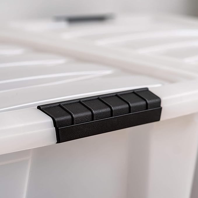 IRIS USA 40 Qt Stackable Plastic Storage Bins with Lids, 6 Pack - BPA-Free, Made in USA - Discreet Organizing Solution, Latches, Durable Nestable Containers, Secure Pull Handle - Pearl