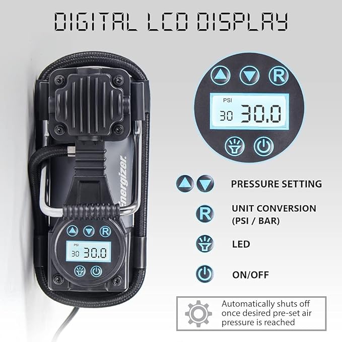 Energizer Portable Air Compressor, 12V DC Air Pump for Car Tires with Digital Tire Pressure Gauge, 120 Max PSI, Preset Pressure Feature, LED, and Digital Display