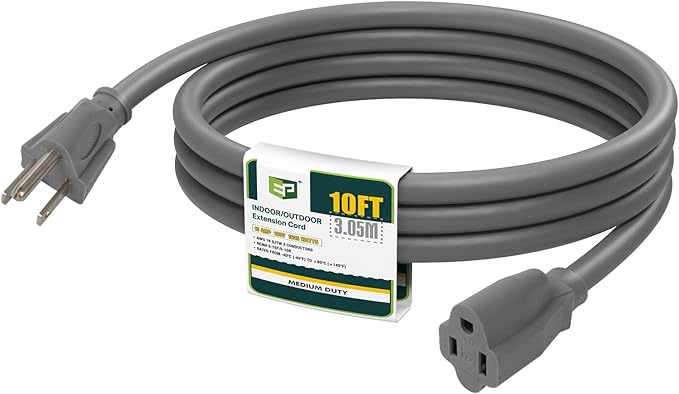 EP 10 Ft Outdoor Extension Cord - 16/3 SJTW Gray Electrical Cable with 3 Prong Grounded Plug
