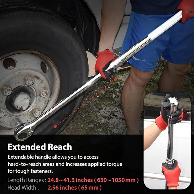 FIRSTINFO F32441H 1-Inch Drive Extendable Ratchet Wrench, 24T Reversible Ratchet Handle Extends 24.8 to 41.3 Inches
