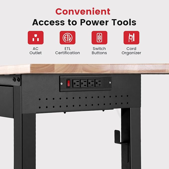 ENJOYWOOD Work Bench with Drawers Adjustable Workbenches for Garage 60 Inch Rubber Wood Top Garage Workbench with Pegboard,Power Outlets for Woodworking, Home, Office, Workshop