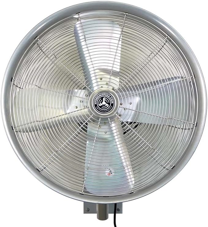 Hydromist Oscillating Wall Mounted Outdoor-Rated Fan, 3-Speed Control on Cord, Alum Fan Blade, Mounting Bracket and Black Cover Included, 24”, Silver