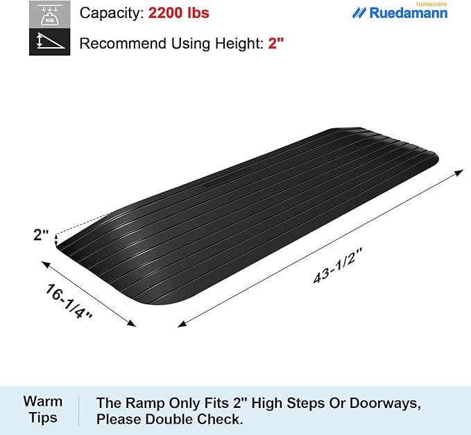 Ruedamann 2“ Rise Threshold Ramp, Durable Solid Rubber with 2200lbs Load Capacity, Non-Skid and Anti-Slip Surface, Wheelchair Ramp for Doorways and Bathroom