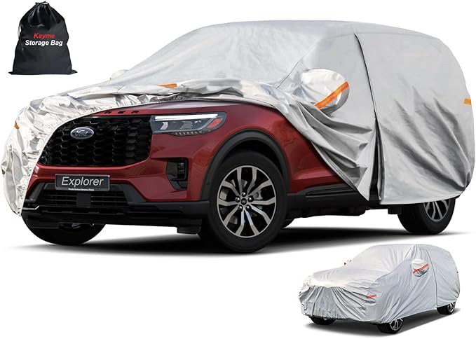 Kayme 6 Layers SUV Car Cover Custom Fit for Ford Explorer（2006-2025） Waterproof All Weather for Automobiles, Outdoor Full Cover Rain Sun UV Protection.Silver