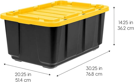 IRIS USA 2-Pack 27 Gallon Storage Bins with Lids |Made in USA| Heavy Duty Plastic Tote Containers for Truckbed Tool Box Organization, Large - Black/Yellow