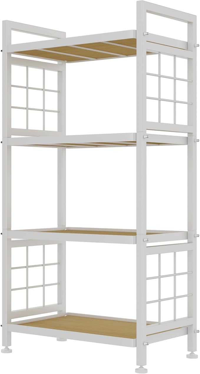 GIOTORENT 4-Tier Pantry Shelves with Wooden Boards, Heavy Duty Storage Shelves & Book Shelf, Adjustable Metal Shelving Unit for Kitchen Bathroom Laundry Organizer, Sturdy Rust-Resistant, White