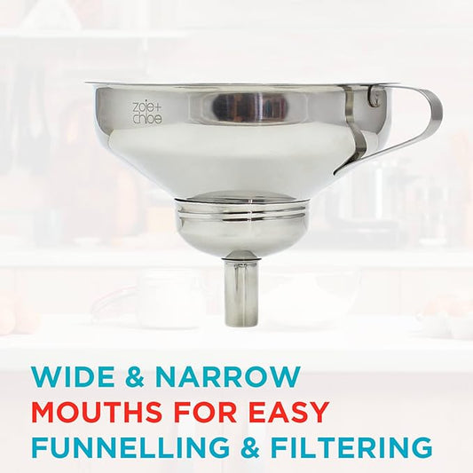 Zoie + Chloe 3-in-1 Stainless Steel Funnel Set - Kitchen Funnels with Detachable Fine Mesh Filter & Strainer for Filtering Herbs, Food Bits - Durable Stainless Steel - Ease to Use, Dishwasher Safe