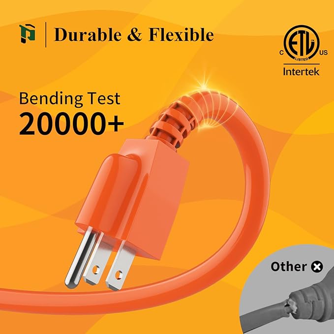 Outdoor Extension Cord 20 FT Waterproof, 16/3 Gauge Heavy Duty 3 Prong Extension Cord, 13A 1625W SJTW, ETL Listed, Great for Garden and Home, Orange