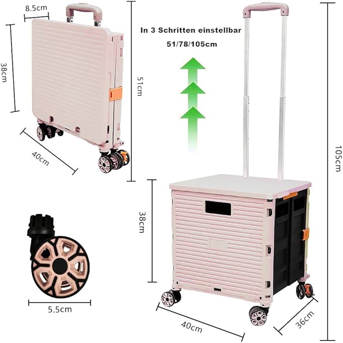 Foldable Utility Cart Folding Portable Rolling Crate Handcart Shopping Trolley Wheel Box with Lid Wear-Resistant Noiseless 360°Rotate Wheel for Travel Shopping Moving Storage Office (Pink)