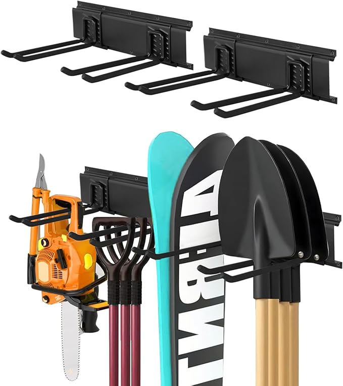 Garage Tool Organizer Wall Mount 32in- 4 Heavy Duty Hooks,240lbs Capacity, Garage Organization & Storage Rack for Broom, Rake & Snow Equipment - Tool Organizer & Men’s Gift Choice