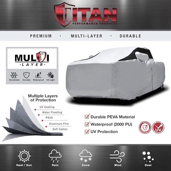 Titan Premium Multi-Layer PEVA Car Cover for Mid-Size Pick-up Trucks 200-212”. Waterproof, UV Protection, Anti-Scratch Protective Lining, Driver-Side Zippered Opening. Fits Tacoma, Ranger and More.